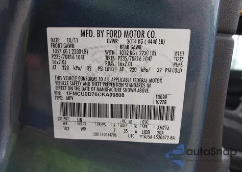 2012 Ford Escape Xlt from USA, damaged, VIN 1FMCU0D76CKA99808
